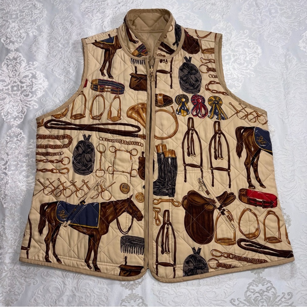 Ralph Lauren Silk Blend Equestrian Print Quilted Vest Reversible Beige Size 1X - Picture 3 of 13